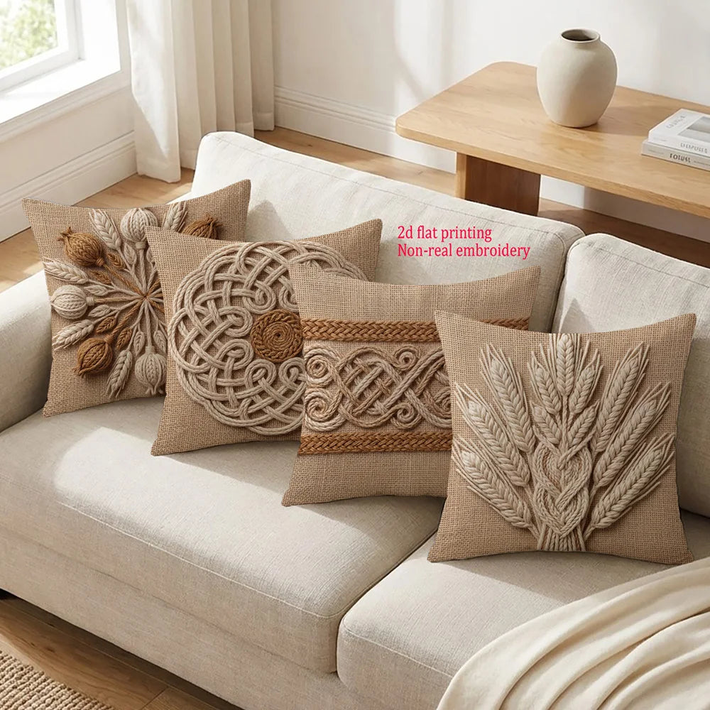 housse coussin brodée épis blé nœud celtique boho farmhouse beige rustique machine