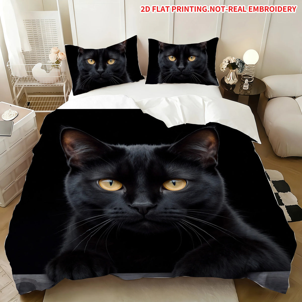 ensemble literie moderne couvre lit taies oreillers imprimé chat noir polyester coton lavable machine