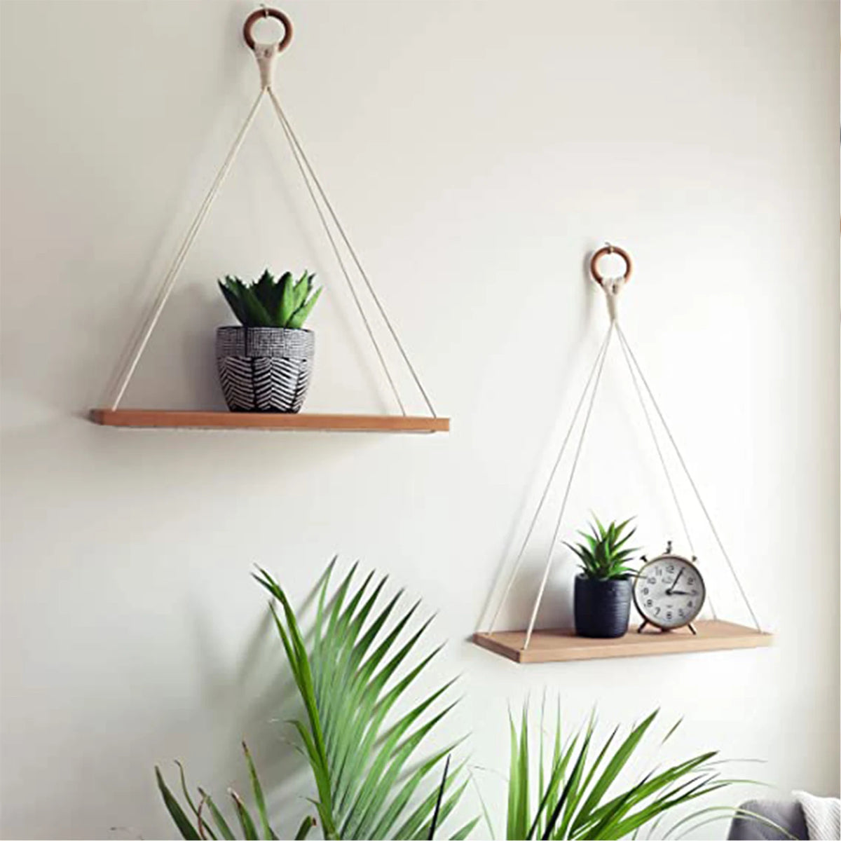étagère suspendue macramé bois naturel minimaliste boho chic anneau métal plantes