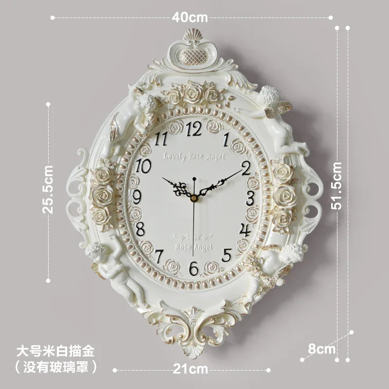 horloge murale baroque motif floral angelique blanc salon decoration aiguille quartz résine unique