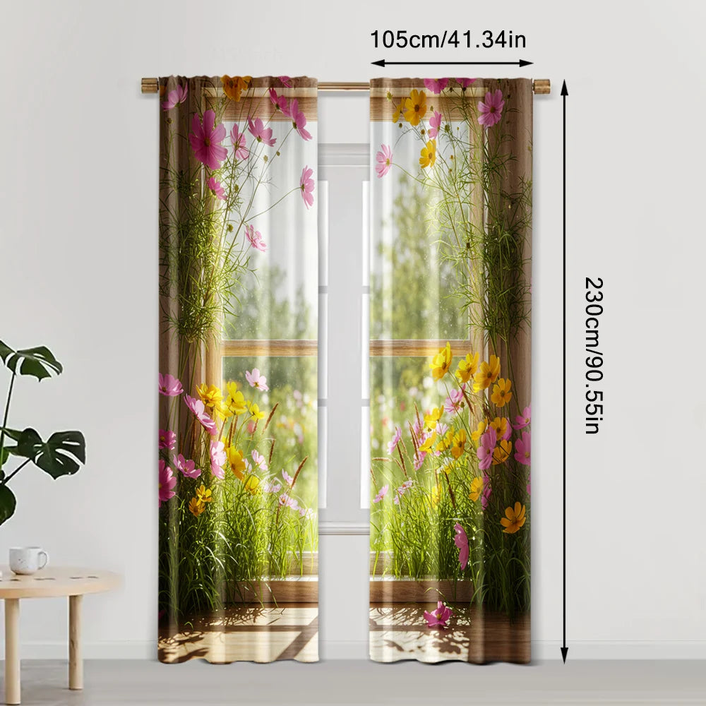 rideau fleuri multicolore semi transparent moderne polyester pièces decoration festive