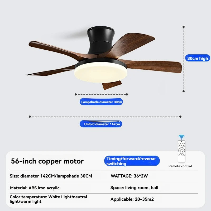 ventilateur moderne noir bois lampe led télécommande flux lumineux haute performance
