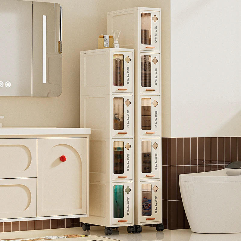 rangements beiges moderne étagères empilables roulettes serviettes bouteilles toilette minimalistes