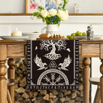 chimene table lin noir motifs nordiques artisanal blanc runes oiseaux symboles ethnique