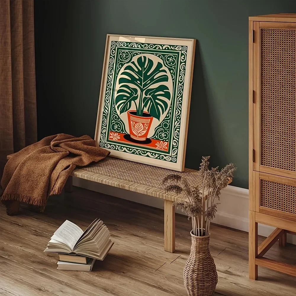 toile d'art graphique feuille plante monstera bohème moderne décoration maison verte ornemental chambre salon