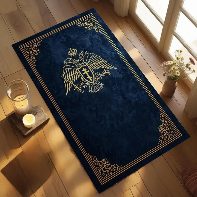 tapis prière aigle byzantin jaune bleu rouge ornement floral classique extérieur moderne polypropylène polyester