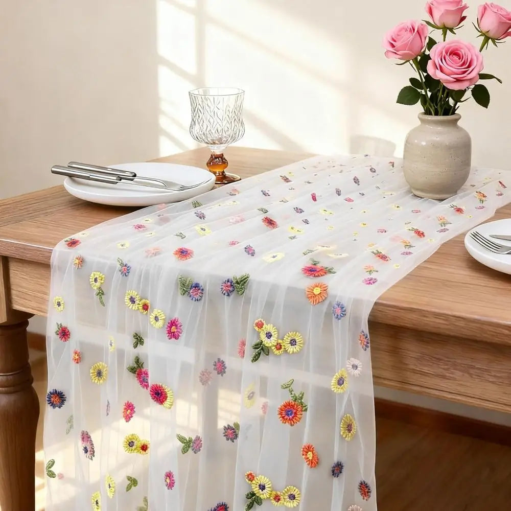 nappe transparent tulle fleurs brodées table manger décoration champêtre pâques fête couleurs variées