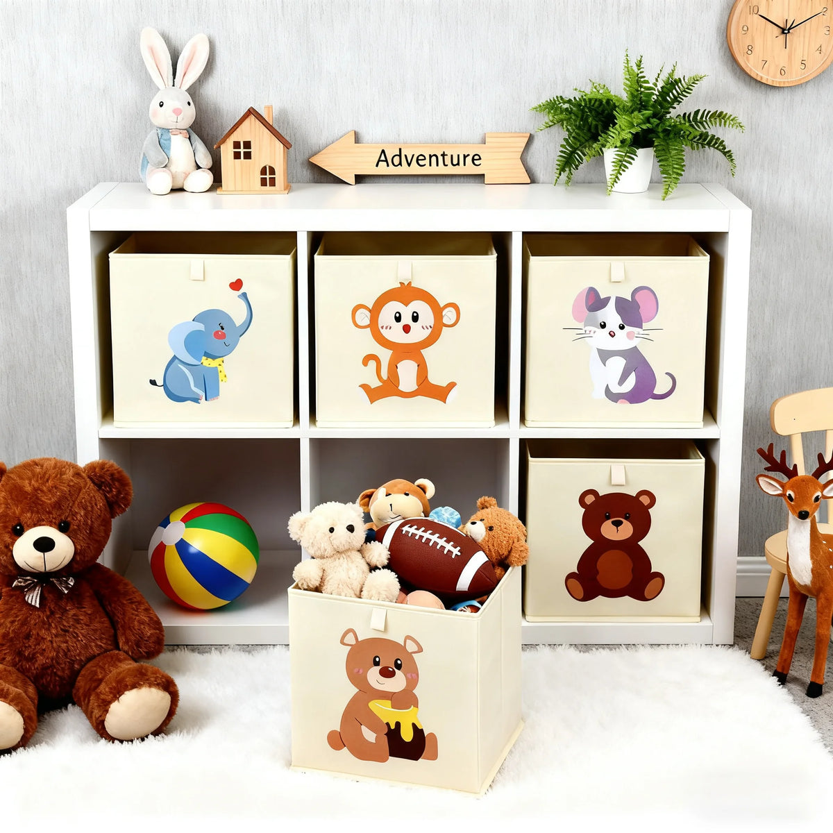 boîtes rangement pliables animaux enfants moderne beige clair école chambre salon jouets livres poignées
