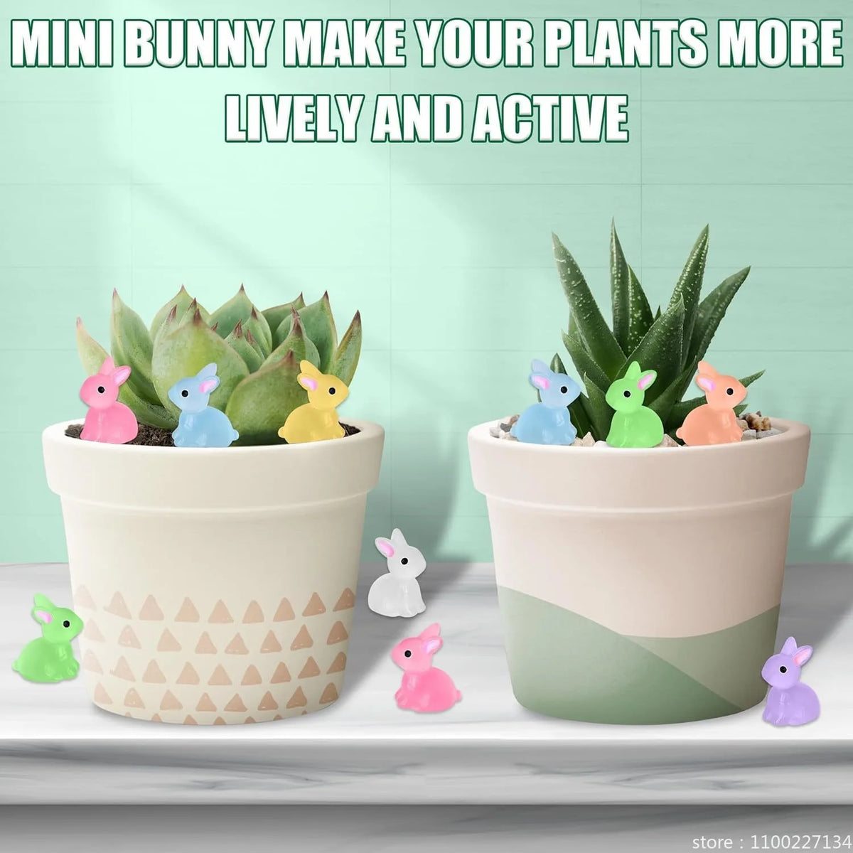 figurines lapins lumineuses miniatures opalescentes bleu vert jaune rose violet