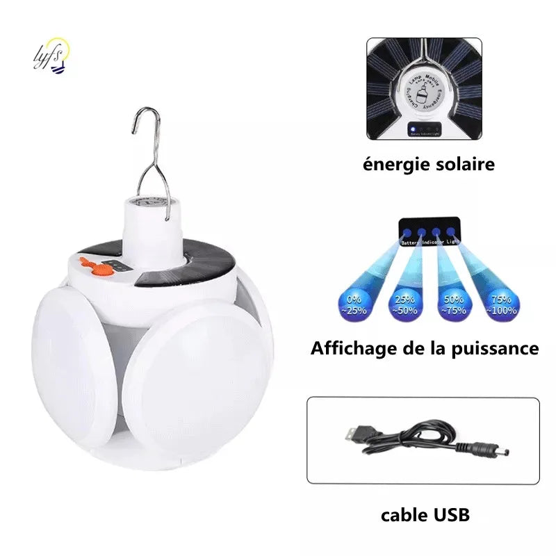 lampe solaire rechargeable éclairage extérieur camping indicateur charge cale blanc moderne