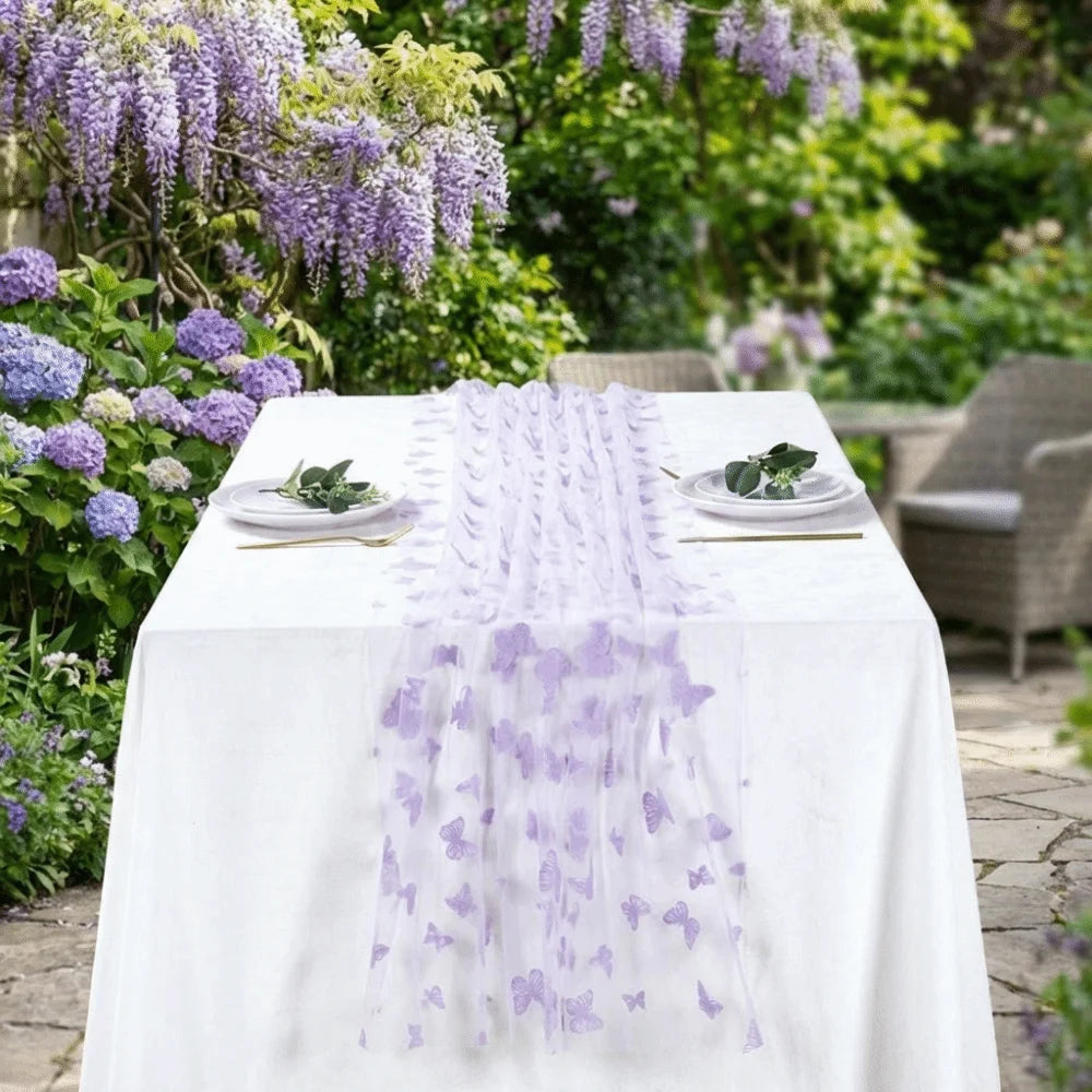 nappe décorative transparente papillons brodés rose violet blanche festive romantique table anniversaire élégante événementière