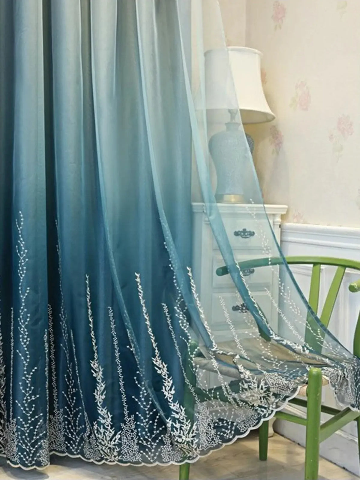 rideau bleu blanc brodé semi transparent classique élégant fenêtre tulle coton 100cm 132cm 210cm