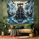 tapisserie viking bleu noir trône hache bateau dragon salon artique fantastique