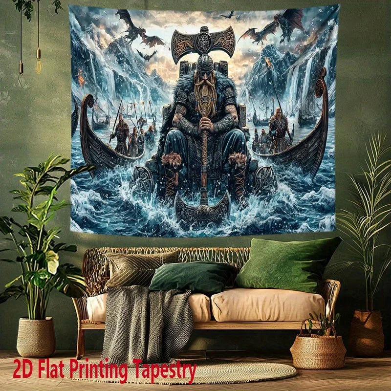 tapisserie viking bleu noir trône hache bateau dragon salon artique fantastique