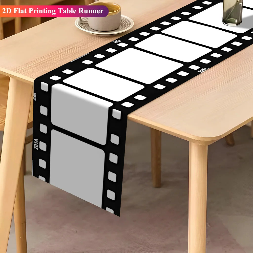 nappe runner motif film argentique deco cinema noir blanc polyeste lin maison festive