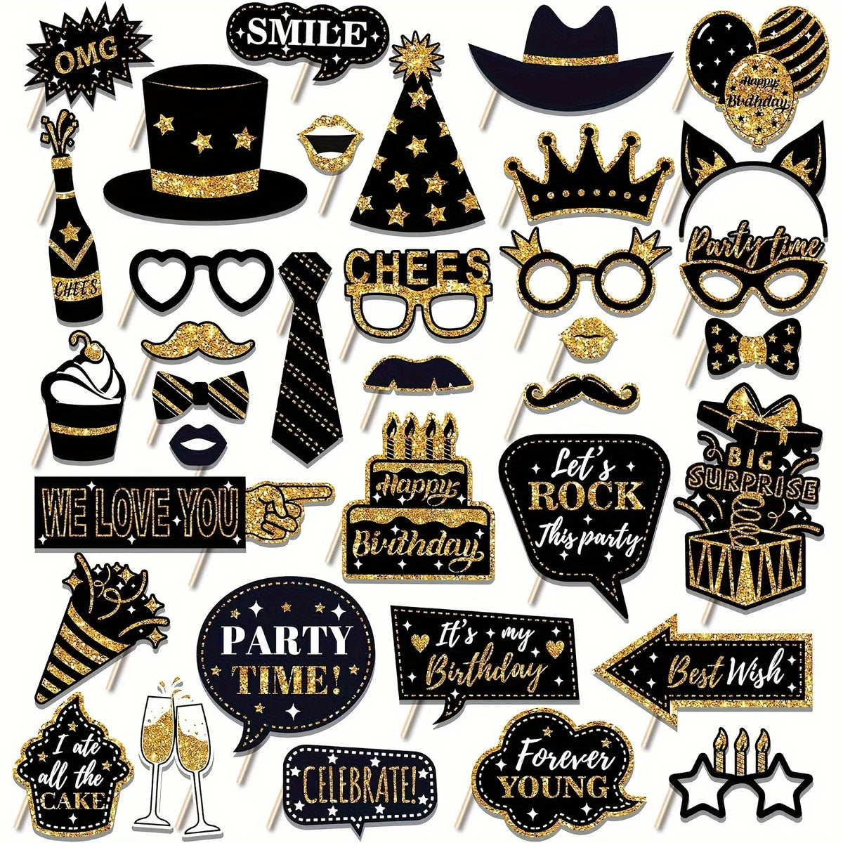 accessoires photo fête anniversaire chapeaux lunettes masques pancartes étoiles strass doré noir festif