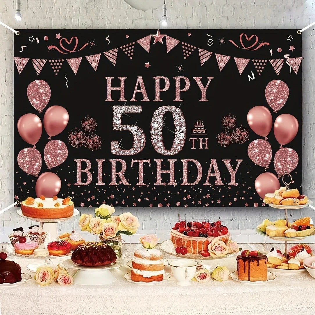 bannière anniversaire 50 ans lettres dorées ballons guirlandes confettis noir rose pâle blanc élégante