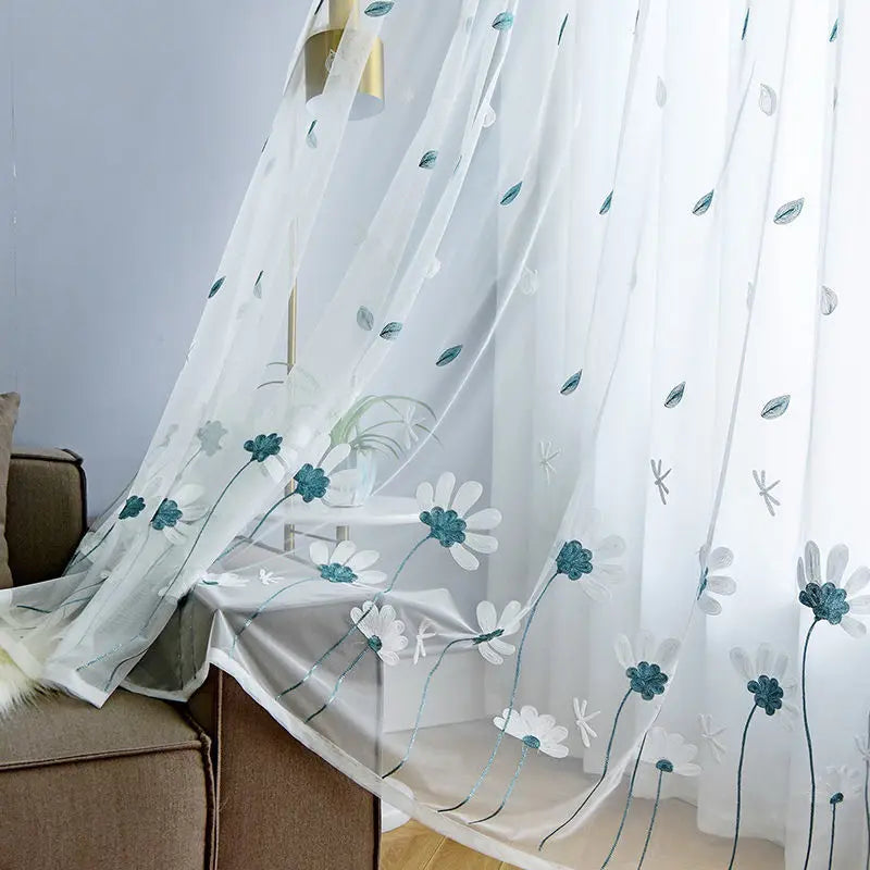 rideau moderne élégant fleurs blanches bleues transparent polyester chambre salon
