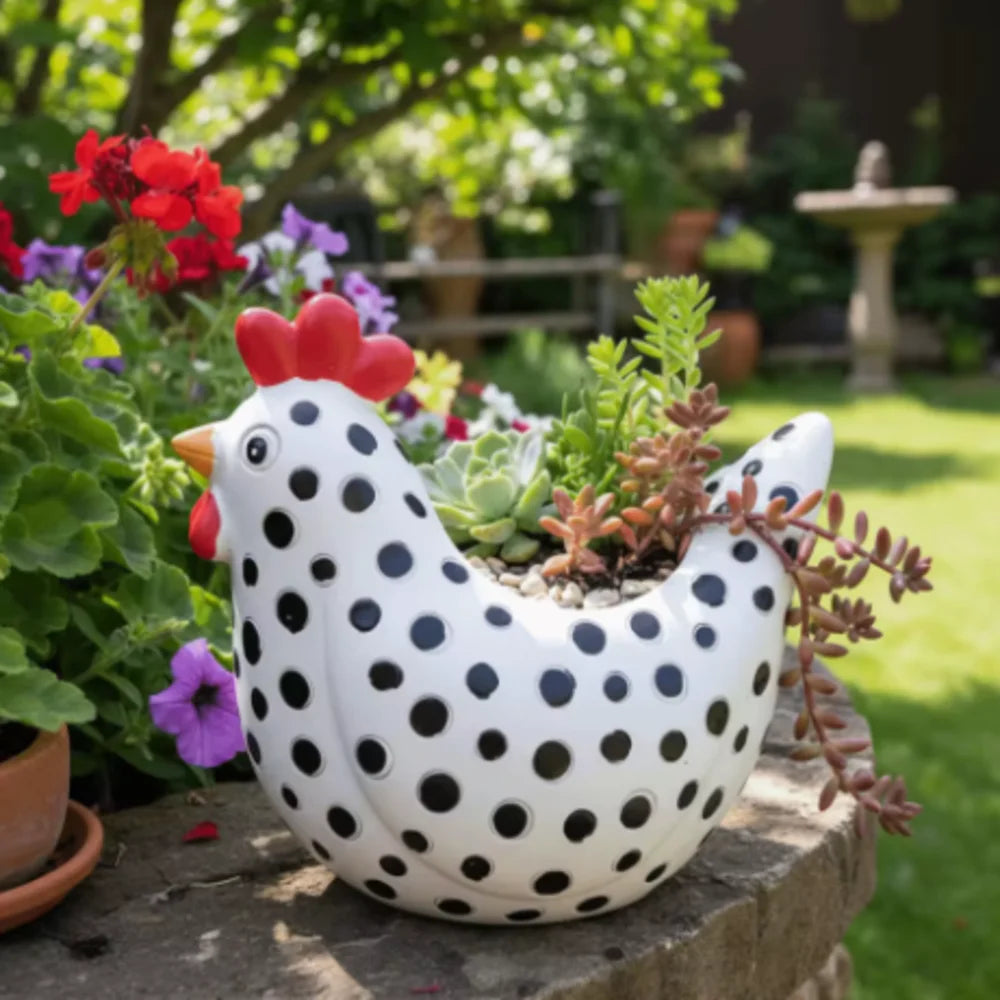 pots fleurs forme poule motifs pois noirs succulentes géraniums lavande rustiqueextérieur jardin