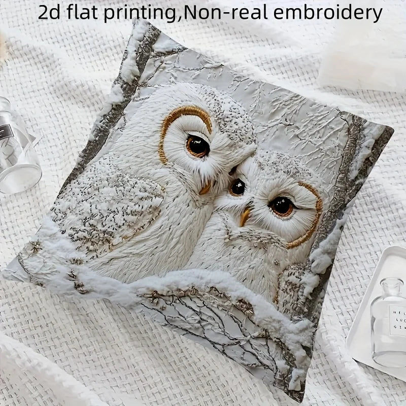 housse coussin carré motif chouettes neige texture veloutée polyester blanc moderne maison chambre coucher