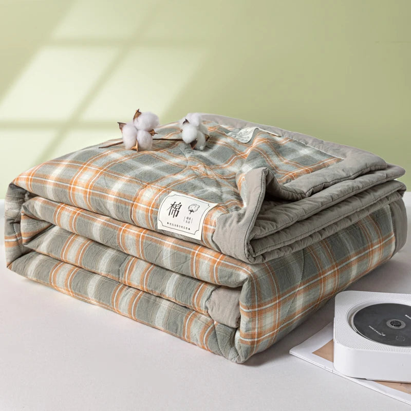 couverture matelassée coton pur motif carreaux gris orange blanc lit double moderne été