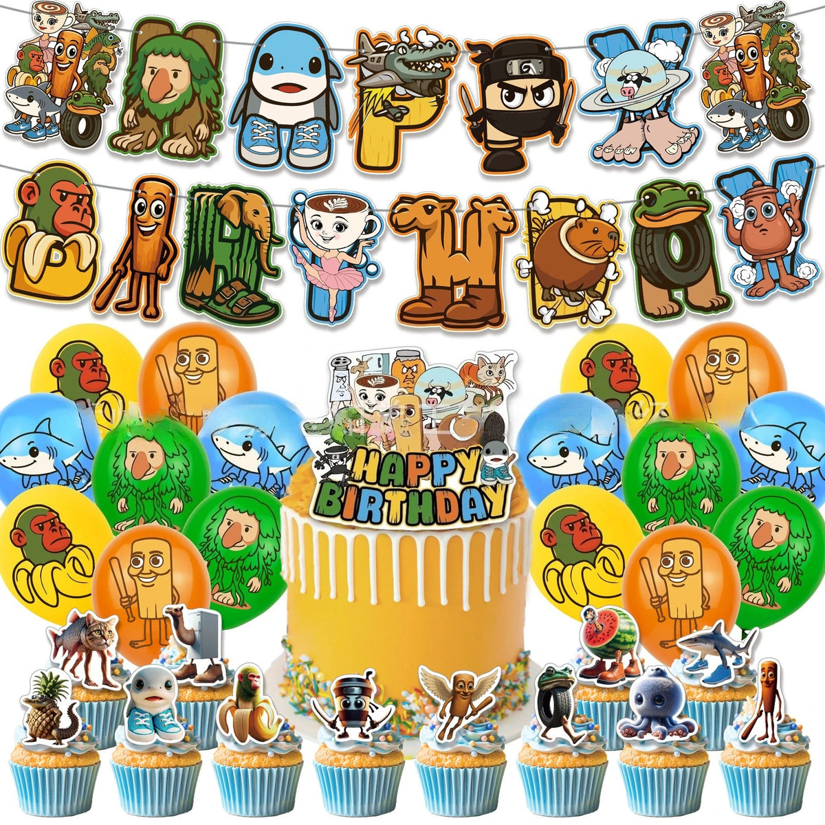 décoration fête animaux dessin animé ballons adhésifs couleurs vives gâteau cupcake happy birthday motifs