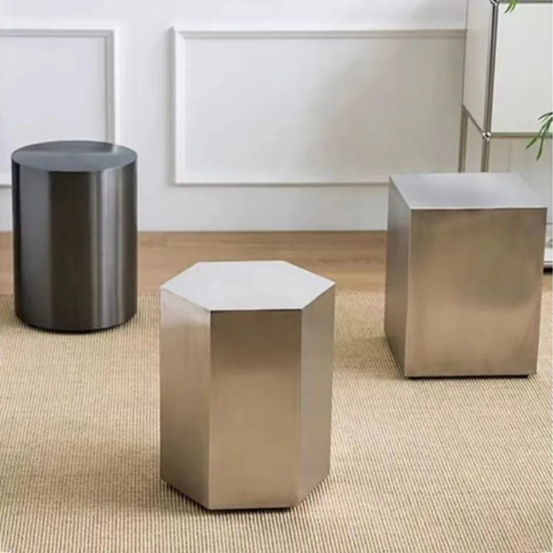 tabouret métal hexagonal moderne tabouret rond minimaliste meuble salon ottoman geometrique argenté gris