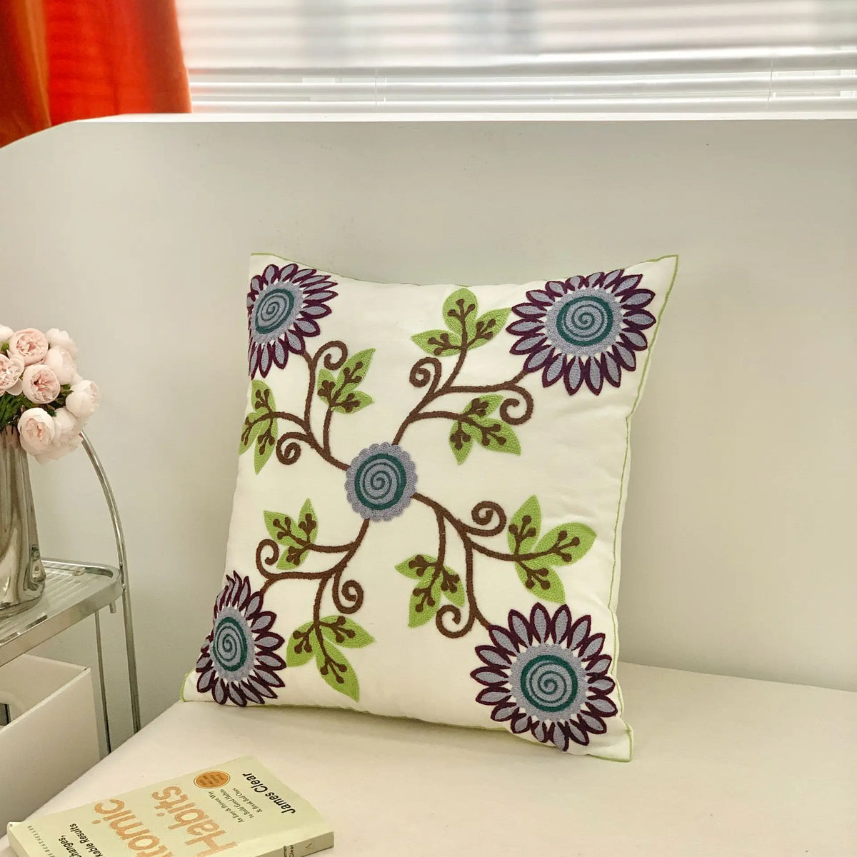 taies d'oreiller décoratives fleur brodées polyester coton respectueux environnement jacquard blanc vert violet turquoise