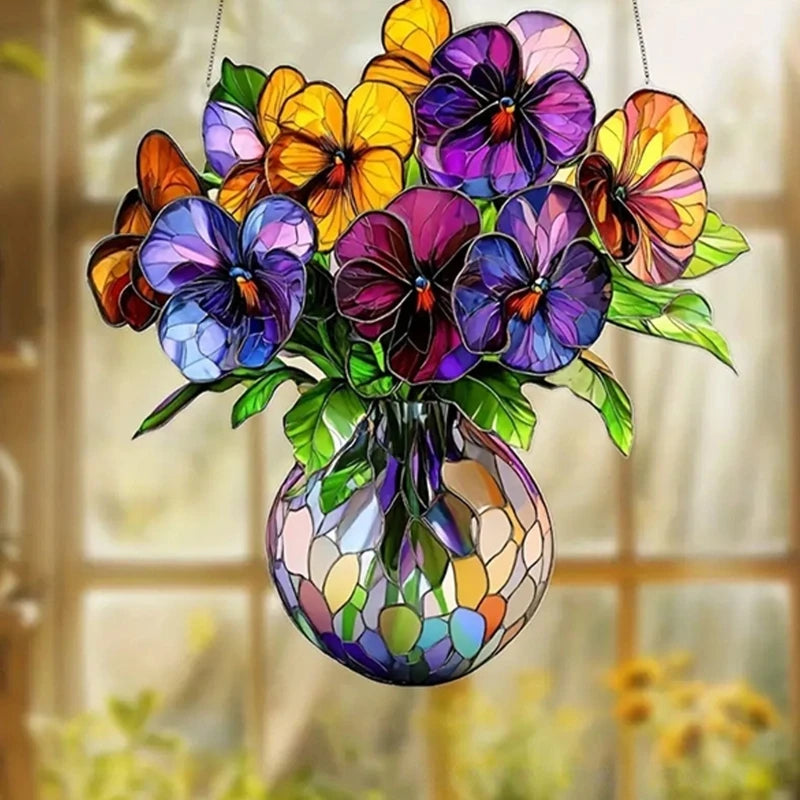 panneau suspendu multicolore acrylique mosaïque artisanal fleurs vases décoration extérieure fête ornement