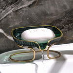 support savon moderne élégant vert doré rayures verticales clips salle bains organisateur éponge