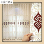 rideau beige marron broderie florale élégant classique transparent anneaux franges décoratives