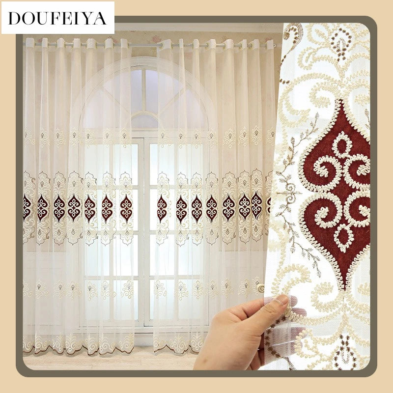 rideau beige marron broderie florale élégant classique transparent anneaux franges décoratives