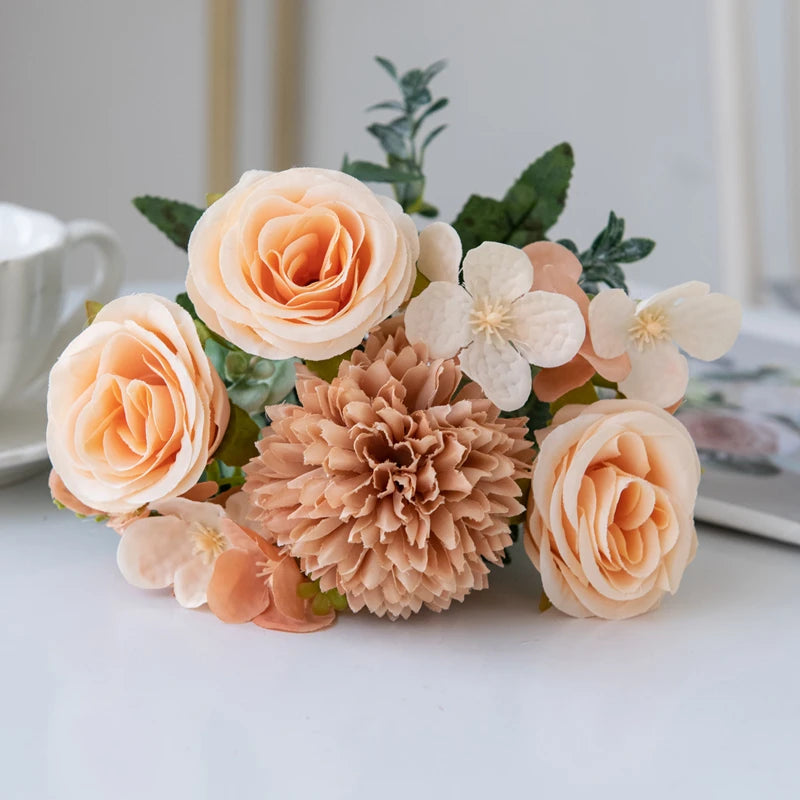 bouquet fleurs artificielles soie moderne blanc rose clair violet intérieur décoration anniversaire mariage table