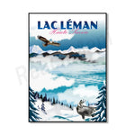 Paysage hivernal des Alpes françaises avec des montagnes enneigées, une forêt de pins, un lac gelé et des animaux sauvages tels qu'un aigle et un chamois dans un cadre pittoresque.