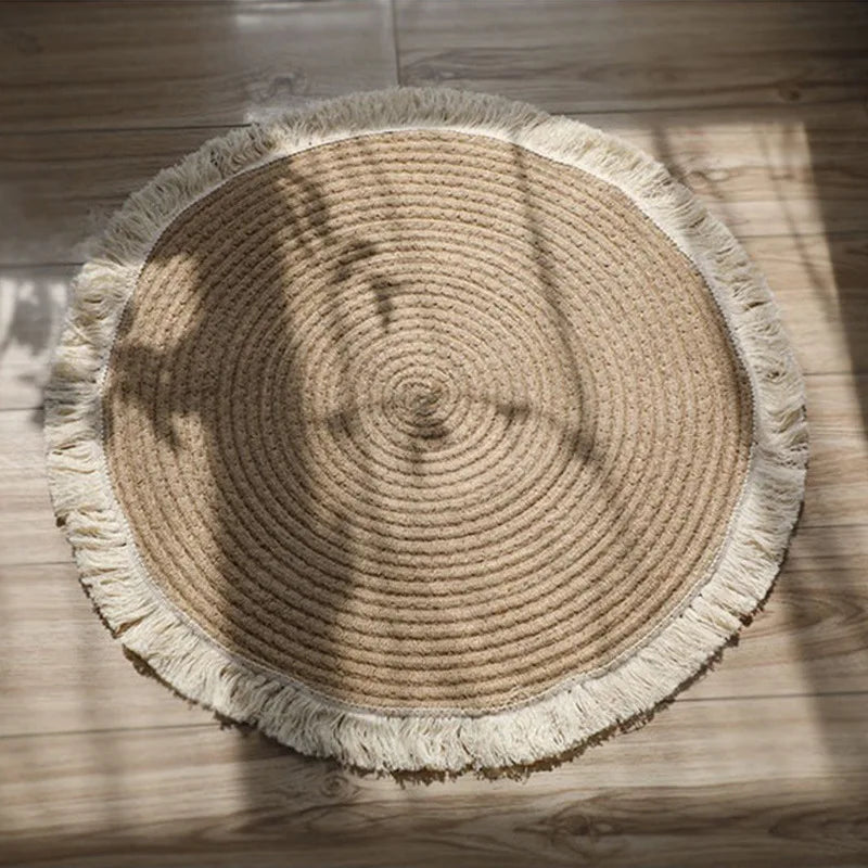 tapis boho spirale concentrique franges antidérapant coton beige clair rustique fleurs artificielles salon chambre