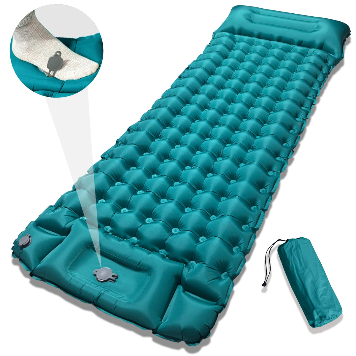 matelas gonflable bleu marine confortable texture boutons sac rangement camping plein air
