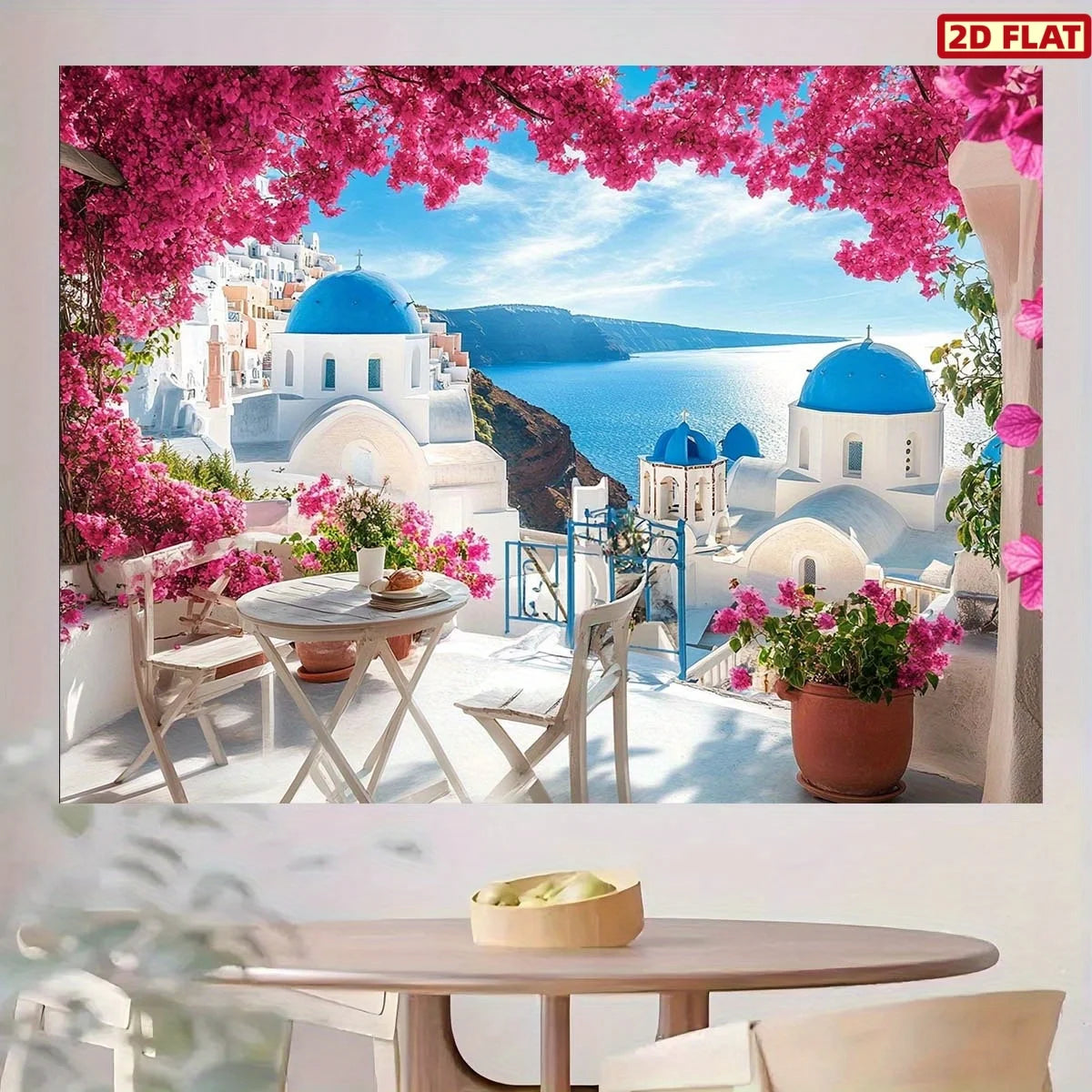 papier peint mural paysage santorini dômes bleus fleurs roses classique blanc gris grande taille