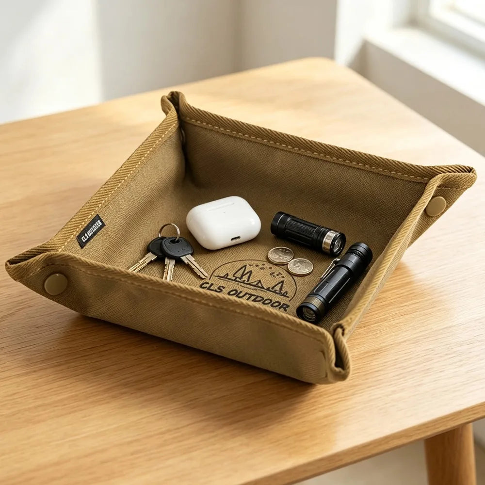 organisateur rangement marron clair toile imprimée clips clés écouteurs lampe torche tasse lanternes objets