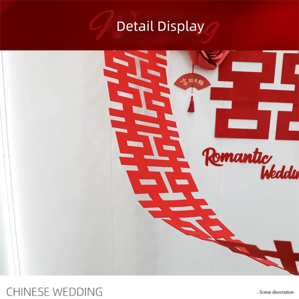 guirlande décorative mariage forme cœur motif double bonheur rubans rouges éventail chinois anniversaire fixations