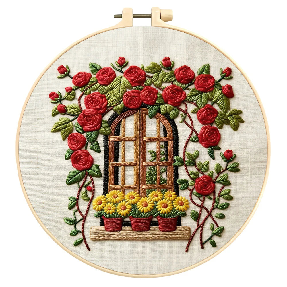 Kit broderie fleurs roses pivoines tissu beige fils aiguilles instructions anglaises anneaux boisDecoration artisanale