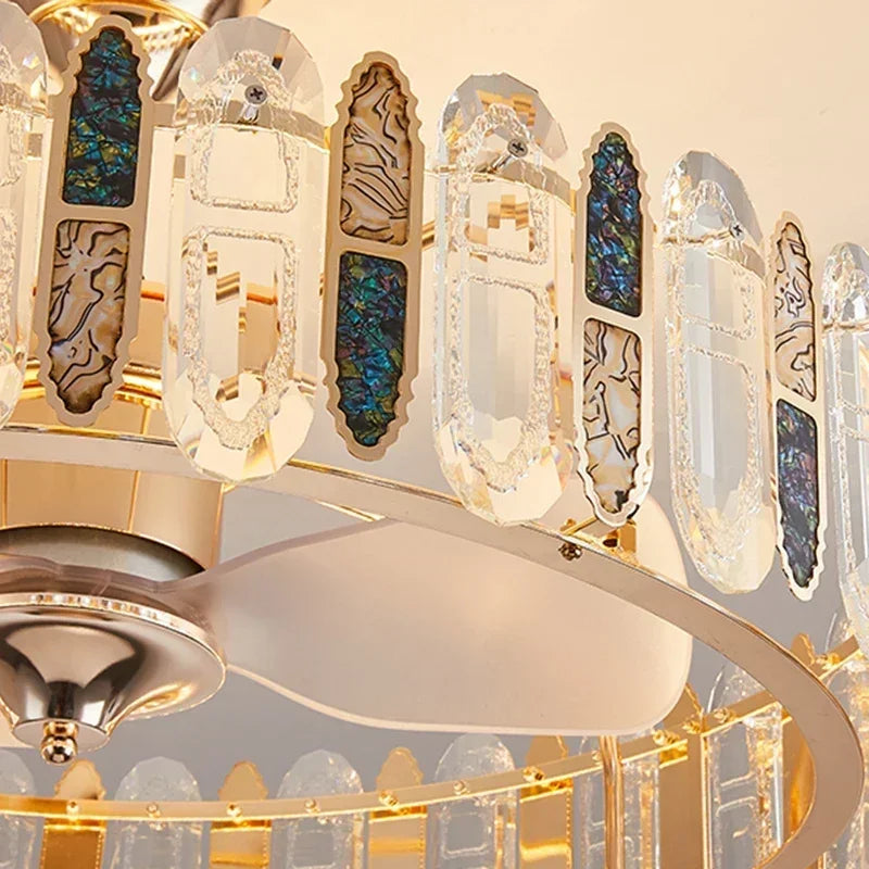 lampe suspendue moderne élégante cristal brillant télécommande dorée led fixée ventilateur