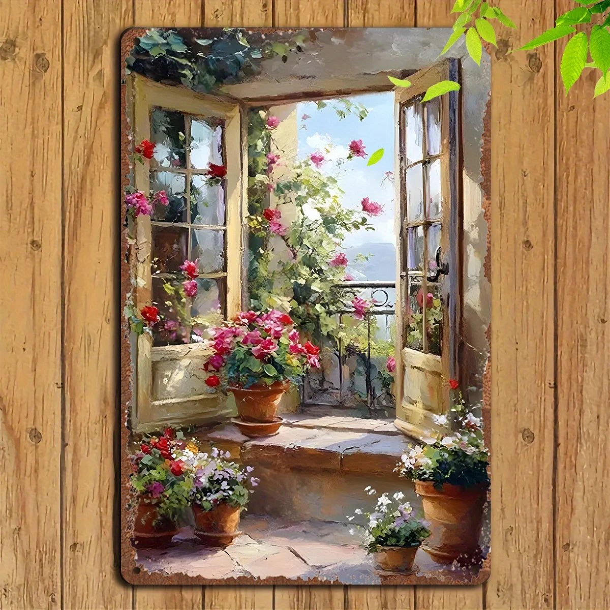 plaque décorative artiste terrasse fleurie pots fleurs fenêtres ouvertes plantes grimpantes vue extérieure multicolore