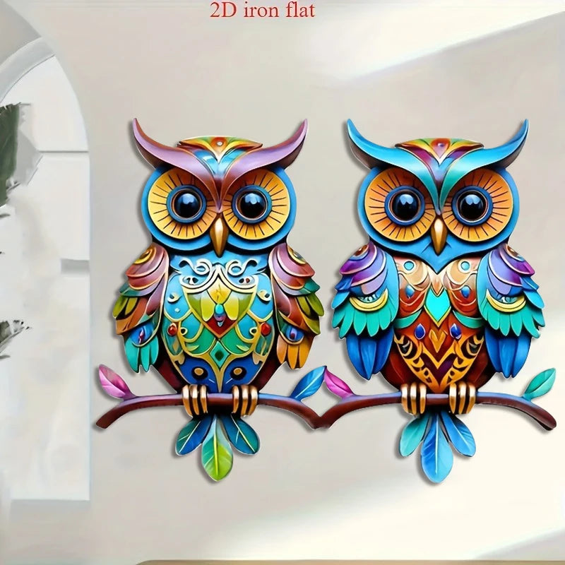 décoration murale hibou multicolore géométrique stylisée extérieure intérieure festive jardin patio salon