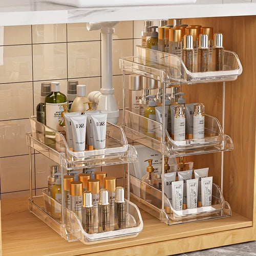 rangement sous évier transparent moderne pratique clips bouteilles flacons serviettes gel douche