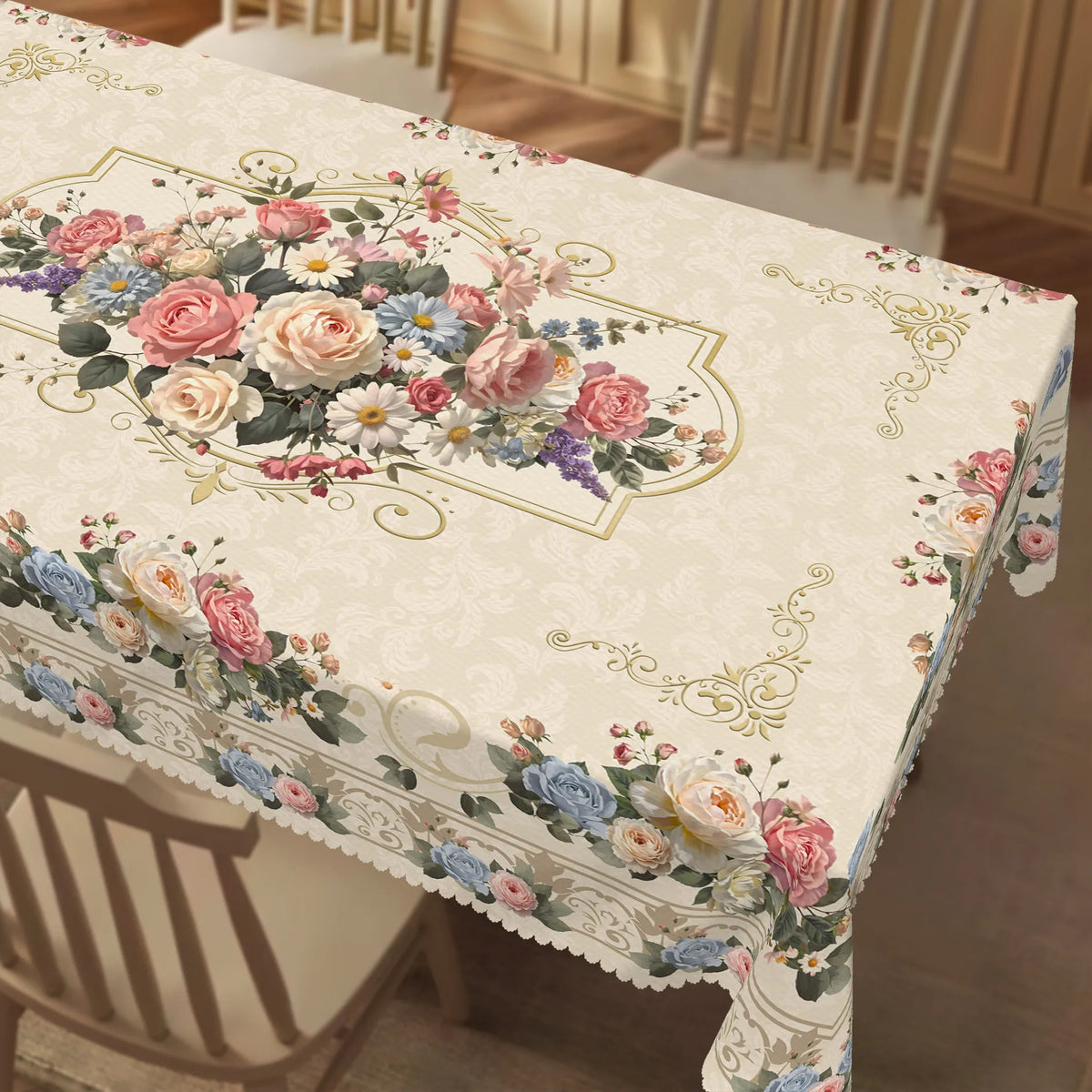 nappe table fleurs roses pivoines classique beige rose bleu blanc vert mariageextérieurhôtel