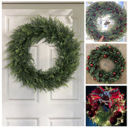 couronne deco noel vert rouge feuilles coniferes elements decoratifs rustique naturel fixations porte fenetre