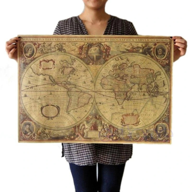 affiche carte monde ancienne vintage illustrations historiques beige marron 71x50cm