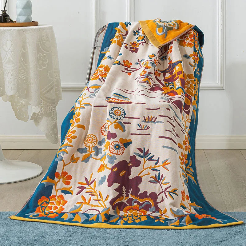 serviette bain coton fleur motif floral séchage rapide absorption eau oriental traditionnel vert beige