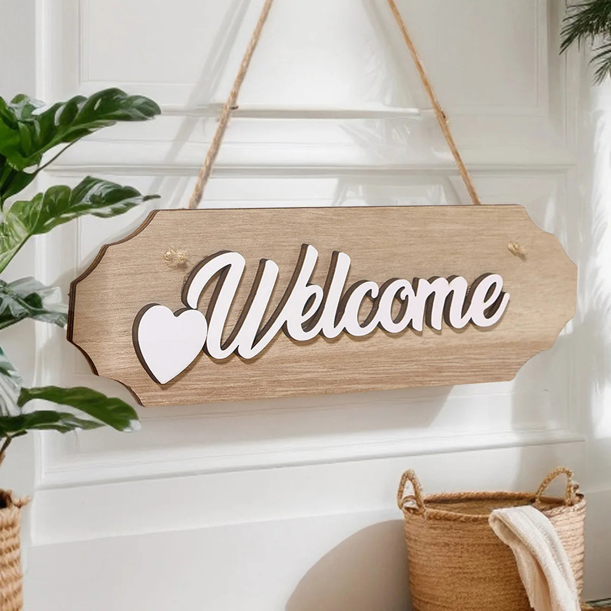 panneau decoratif bois naturel blanc moderne rectangle accroche mur decoration bienvenue cœur classique