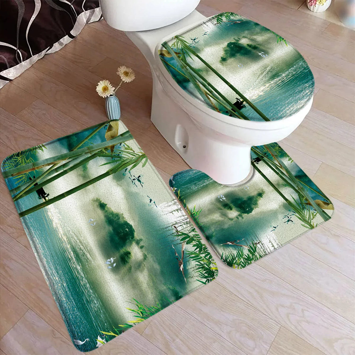 tapis toilette moderne vert feuilles bambou motifs floraux respectueux environnement adhésif salle bain